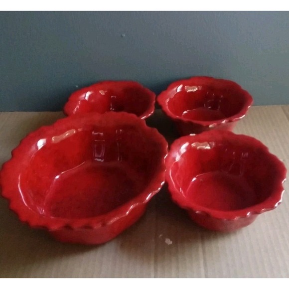 Red Ceramic Bowls, Set of Four, Serving, Decorative, Kitchen, Tableware